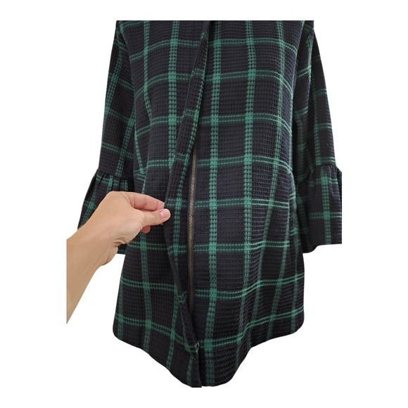 Entro Women's Plaid Bell Sleeve Jacket Blue Green Check Waffle Knit Cotton L - Picture 6 of 8